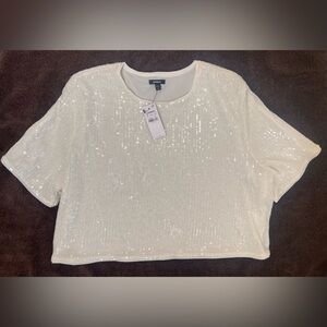 Express Women’s Cream Sequin Short Sleeve Scoop Neck Top. Size Medium. NWT.